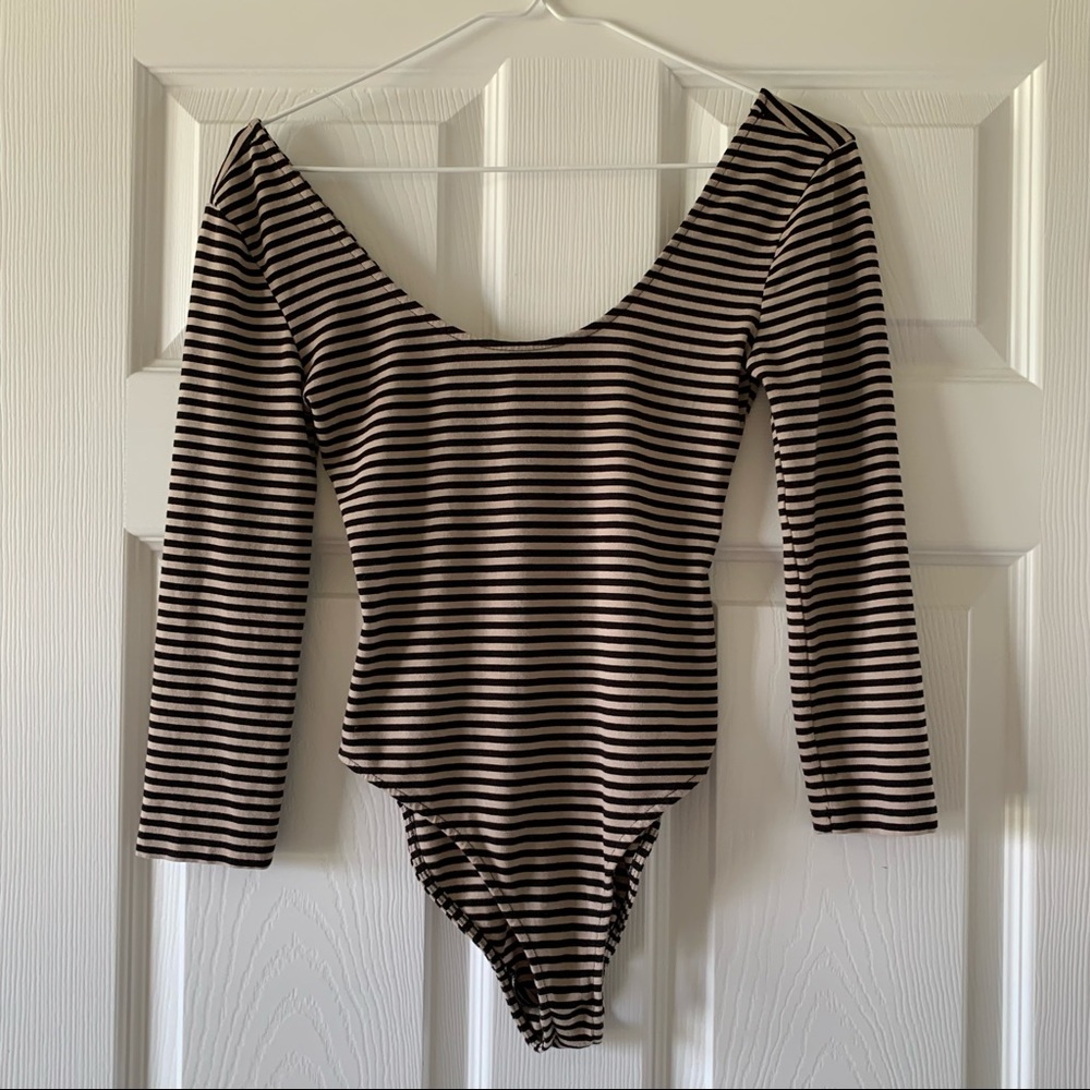 Forever 21 Tan Black Stripe Bodysuit S